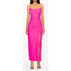 Good American Hot Pink Neon Dress Size 8 Ruched Side Slit Spaghetti Strap NEW